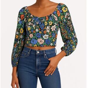 NEW Banjanan Women's Vivian Floral Smocked Cotton Blouse XS Colorful Cottagecore